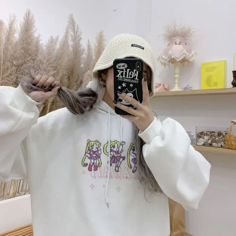ulzzang japan style cartoon pullovers hooded fashion brand hoodies women loose bf oversize Sweatshirts Hipster autumn winter new