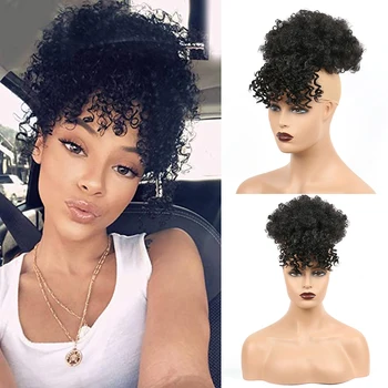 

Extension Short Afro Kinky Ponytail Clip in High Puff Drawstring Afro Kinky Curly Synthetic Ponytail with Bangs Ponytail Hair