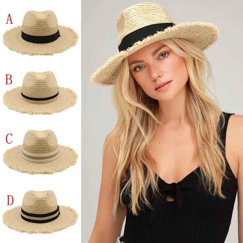 

Men Women Soft Straw Panama Hats Summer Bowtie Band Wide Brim Fedora Sunhats Trilby Caps Outdoor Beach Travel Size US 7 1/4 UK L