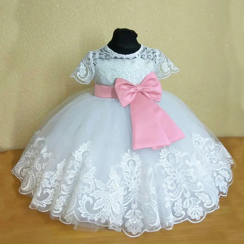 

Embroidery Trailing Princess Dress for Girls Lace Ribbon Birthday Party White Wedding Dress Baby Girls Bow Elegant Prom Costume