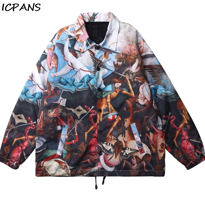 

ICPANS Hip Hop Streetwear Print Windbreaker Coaches Jackets Coats Pieter Bruegel the Elder Fall of the Rebel Angels Painting