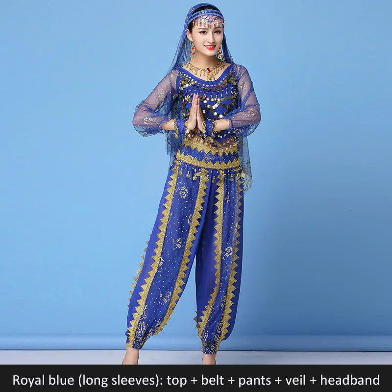 Blue long sleeves Сари танцевальная одежда женский набор костюма для танца живота индийские танцевальные костюмы болливудская одежда 8 шт. Топ+ пояс+ брюки+ вуаль+ головной убор+ реквизит - Цвет: Blue long sleeves