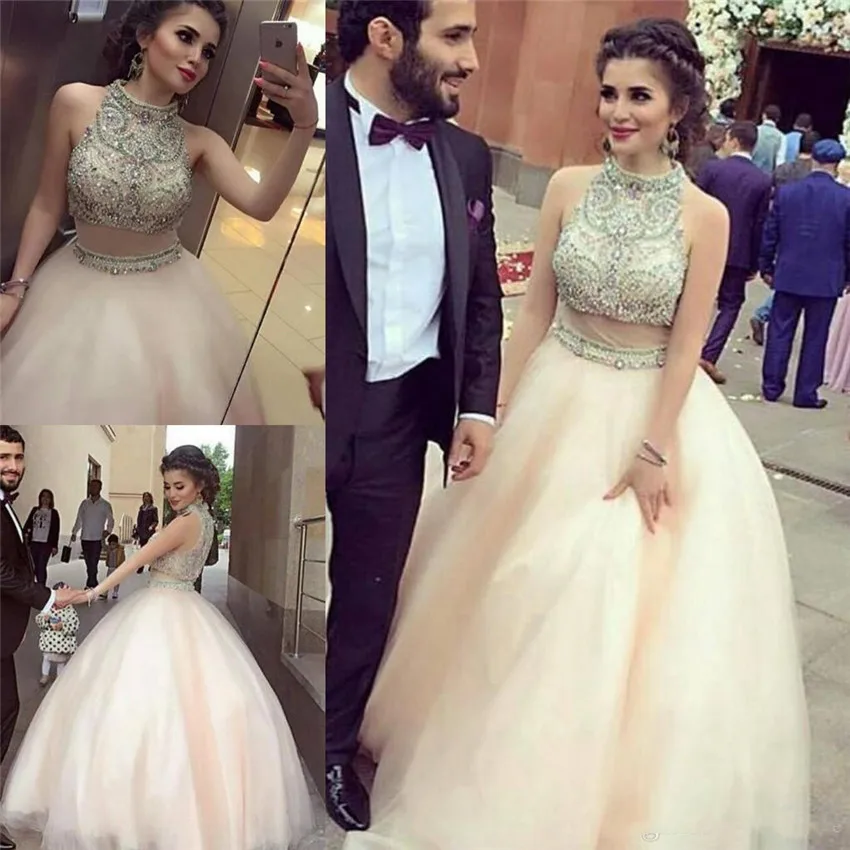 

2020 Two Pieces Luxurious Quinceanera Dresses High Neck Crystals Pearls Organza Prom Gowns Sexy Birthday Dresses Party Gowns