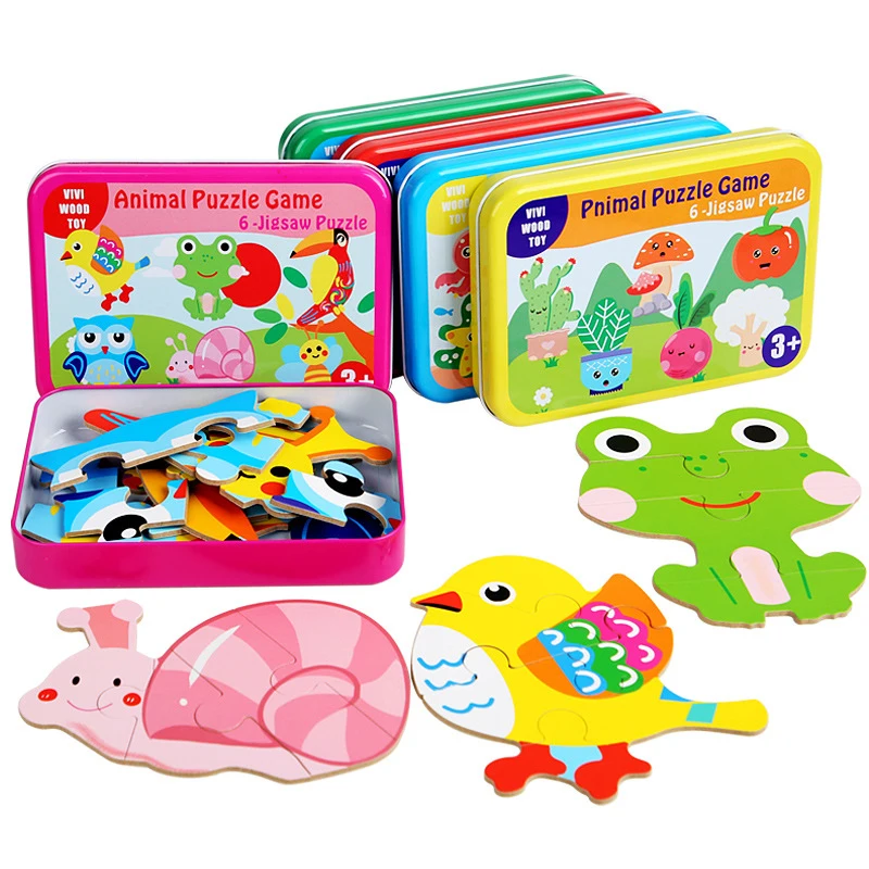 4-6 sets / box iron box wooden jigsaw fruit vegetable animal cartoon jigsaw Board puzzle Baby early education educational toy
