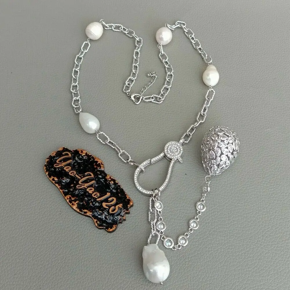 22'' Cultured White Rice Pearl CZ chain Necklace Keshi Pearl Cz Teardrop Pendant