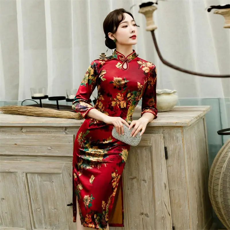 С принтом три четверти рукав cheongsam женское платье вечернее платье бархат vestidos китайское платье свадебное платье Размер M-4XL