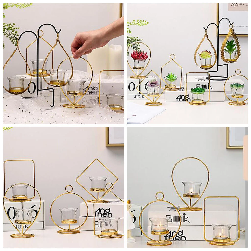 Iron Art Golden Candle Holder Wrought Hollow Candlestick Iron Lantern for Party Home Table Decoration