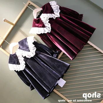 

WLG girls winter princess dresses kids wine red black velvet thick ruffle dress baby girl warm party clothes 2-7 years