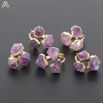 

Fashion Women 3 Amethysts Quartz Chip Beads Rings,Multi Quartz Crystal Beads Gold Rings For Women Fine Jewelry Gift YT-177AMAE