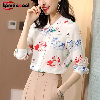 

Tpmaccool luxury designer 100% Silk Shirt Women Long Sleeve 2020 Spring Summer cartoon print New Fashion Silk Tops blouse blusas