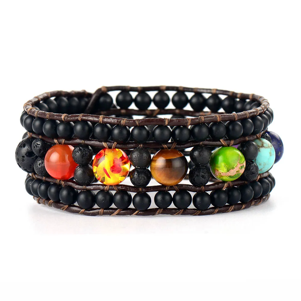 Cuff Bracelet Onyx Lava Stone 7 Chakra Leather Wrap Bracelets Handmade Bohemia Bracelet Dropshipping