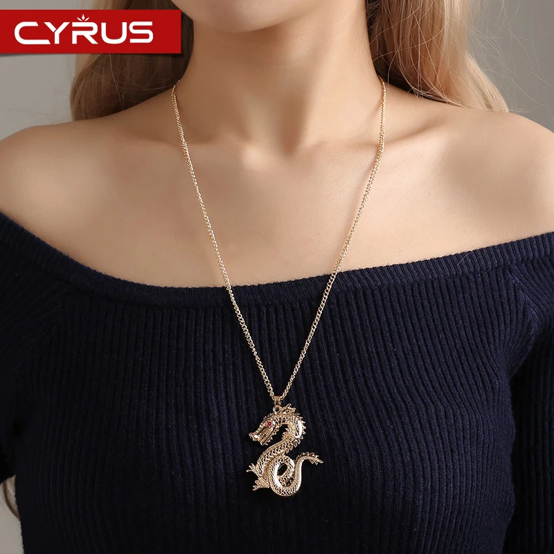 

Chinese Style Gold Zodiac Dragon Pendant Necklace for Women Men Couple Necklace Rhinestone Long Chain Domineering Luxury Jewelry