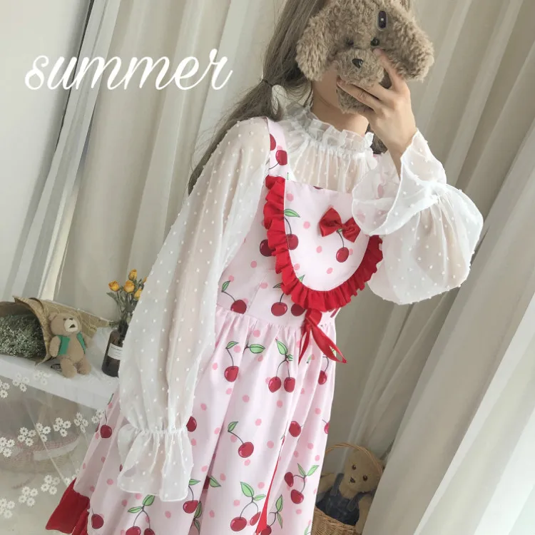 

Summer new Japanese sweet soft sister girl Lolita takes polka dot fungus chiffon shirt top long-sleeved cute