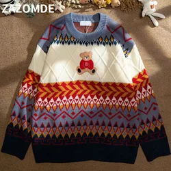 ZAZOMDE Winter Bear Sweater Casual Cartoon Patchwork Pullover Lazy Harajuku Sweater Knit Streetwear Oversized Pullover Unisex