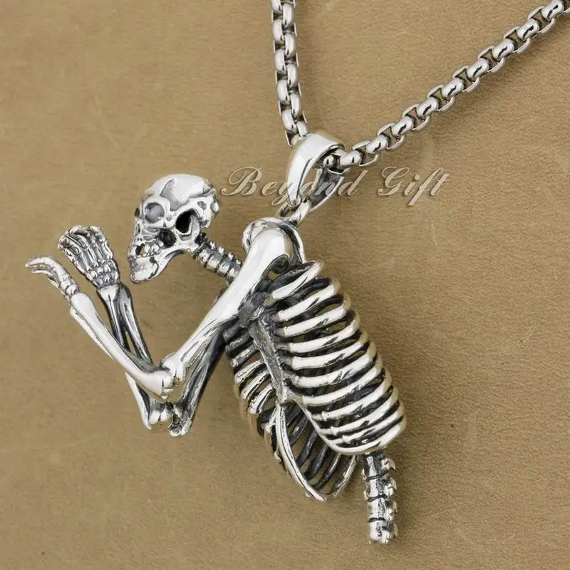 

925 Sterling Silver Huge Heavy Upper Body Skull Mens Biker Pendant 9L021(Necklace 26inch)