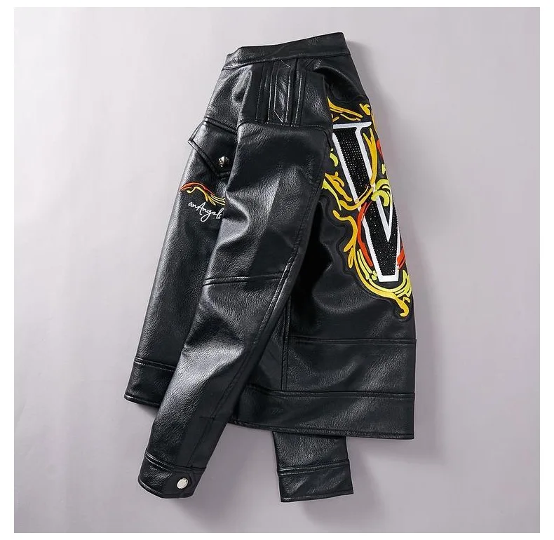 Черная мотоциклетная кожаная мужская куртка с вышитыми буквами, тонкая куртка из искусственной кожи на молнии, мужские зимние пальто Jaqueta De Couro Masculina