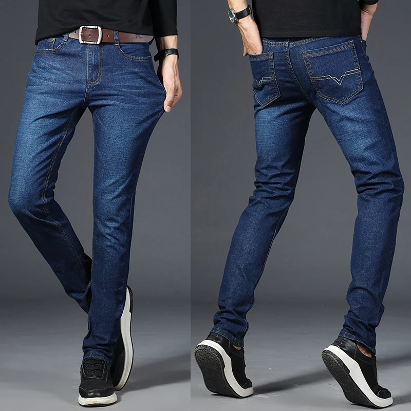 Koop BINHIIRO Herfst mannen Jeans Effen kleur Micro elastische Klassieke Jeans Mannen Rechte Slanke Mode Denim Broek mannelijke 2019 nieuwe K009