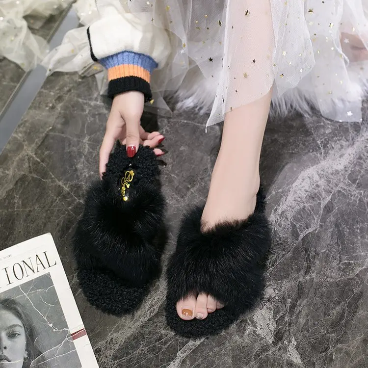 

Rabbit Fur Slipper Women's 2019 New Style Fluffy Shoes Natural Wool Female Slippers Anti-slip Wear-Resistant Flat Cross Fur Slip