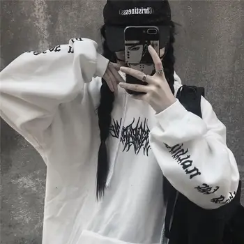 Women Loose Streetwear Black Sweatshirt Knitted Hooded Sexy Print Hoodies Fashion Moletom Long Hoodie Women