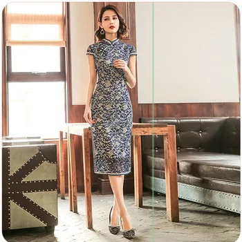 

Navy Blue Lace Women Short Sleeve Qipao Vintage Button Long Sexy Gown Chinese Traditional Qipao Oversize 3XL Casual Dress