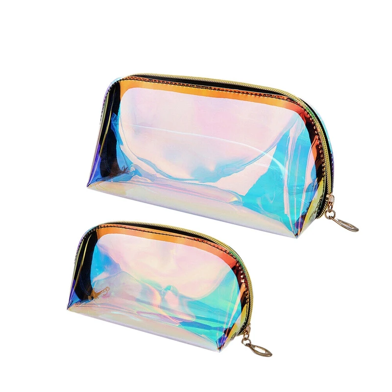 2Pcs Multifunctional Makeup Bag Iridescent Holographic Clear Cosmetic