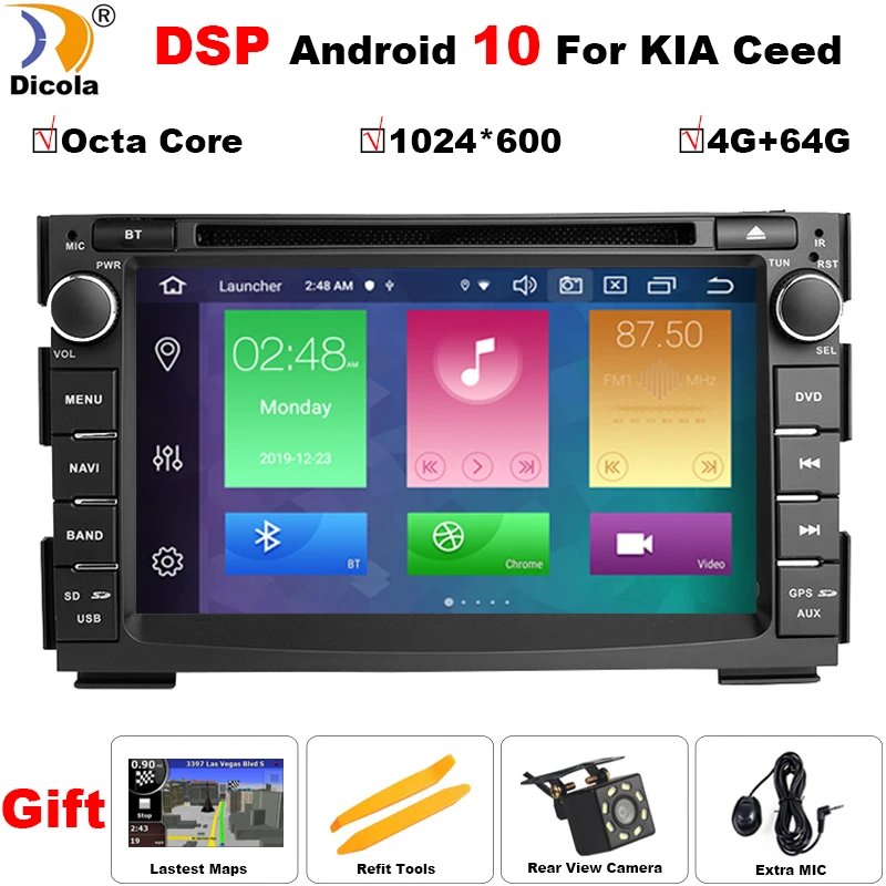 Восьмиядерный автомобильный DVD-плеер DSP IPS 4 + 64 Гб 2 Din Android 10 GPS для KIA Ceed 2010-2012