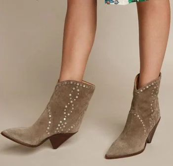 

Brown Suede Rivets Studded Spike Heel Women Ankle Boots Pointed Toe Cowboy Booties Sexy Lady Winter Shoes Plus Size Ridding Boot