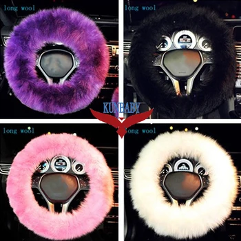 

KUNBABT 1 Pcs Car Accessory Long 100% Woolen Sheep Fur Plush Steering Wheel Cover Woolen Soft Black\Purple\White\Red\Pink\Blue