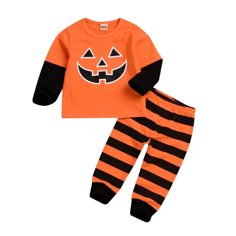 0-18M Halloween Newborn Baby Boys Girls Clothes Set Long Sleeve Pumpkin T Shirts + Striped Pants Outfits Autumn Baby Clothing