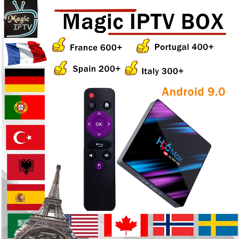 

H96Max3318 android 9.0 box World IPTV Subscription 6700 Channels HD French Arabic Spain Portugal Dutch Greece Canada Europe IPTV