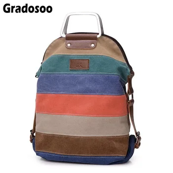 

Gradosoo Retro Stripe Women Backpack Canvas Multifunction Patchwork Big Female Large Capacity School Bags For Teen Girl LBF228