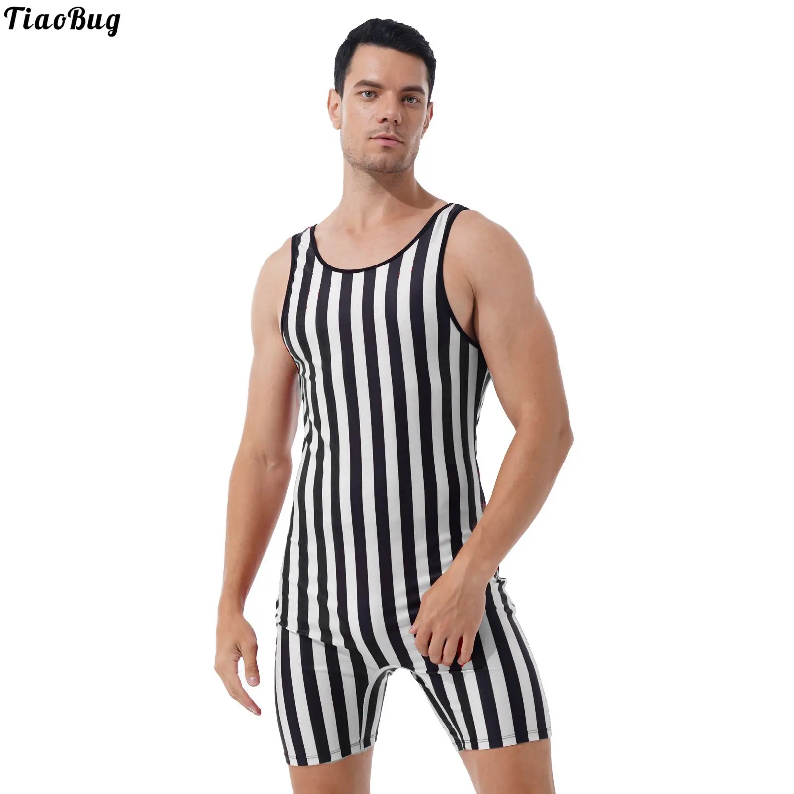 

TiaoBug Men Striped Wrestling Singlet Bodysuit Weight Lifting Stretchy Leotard Workout Fitness Outfits Athletic Jumpsuit