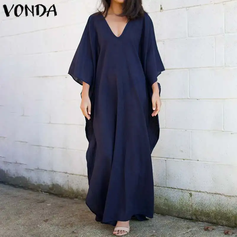 Women Dress Summer Sundress VONDA Sexy V Neck Bohemian 3/4 Sleeve Dress Plus Size Casual Loose Party Beach Vestido