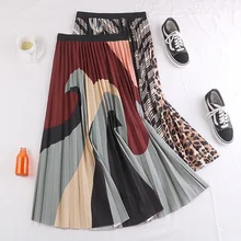 Осенне-зимняя винтажная эластичная юбка с эластичной резинкой на талии средней длины, плиссированная трапециевидная юбка с леопардовым принтом для женщин, женские юбки