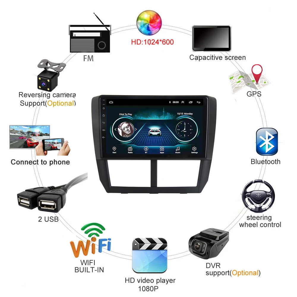 Автомобильный радиоприемник для Subaru Forester 2008-2012 gps навигация мультимедийный плеер HD полный сенсорный экран Android 8,1 9 дюймов Поддержка wifi FM USB Carplay рулевое колесо управление камера заднего вида