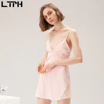 

LTPH 2020 Summer night temptation new arrival non-slip silk sexy sleepwear Sleeveless V-Neck Lace Splice Solid color lingerie