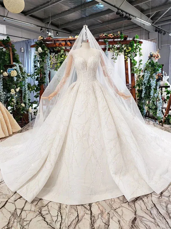 as picture BacklakeGirls Robe De Marie, нежные свадебные платья с бисером, прозрачное бальное платье с длинным рукавом и круглым вырезом, свадебное платье с длинным шлейфом, Bodas - Цвет: as picture