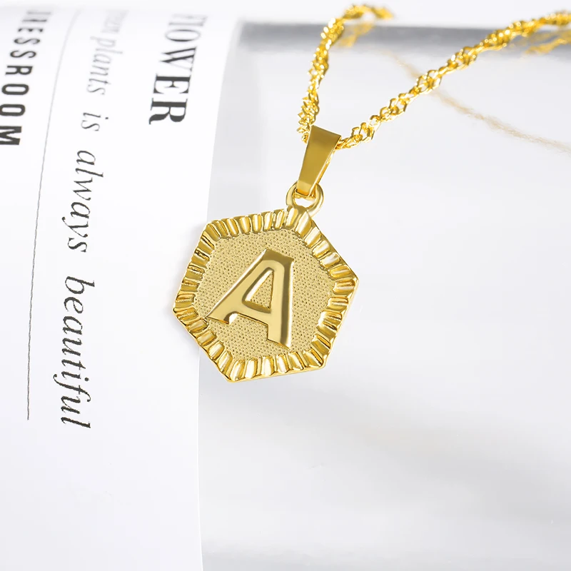 

2019 Personalized hexagonal A-Z letter charm gold name custom necklace English initial letter necklace stainless steel chain