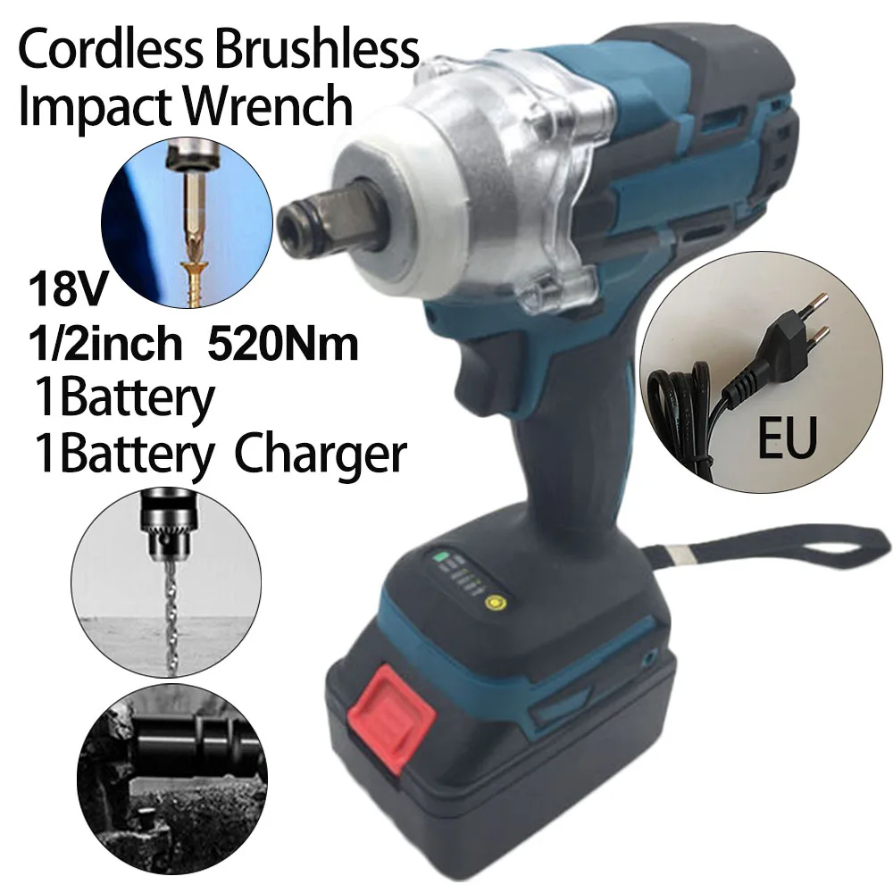 

1*Electric Wrench+1*Battery+1*Charger Cordless Brushless 18V 1/2inch 520Nm Electric Impact Wrench Driver Replacment