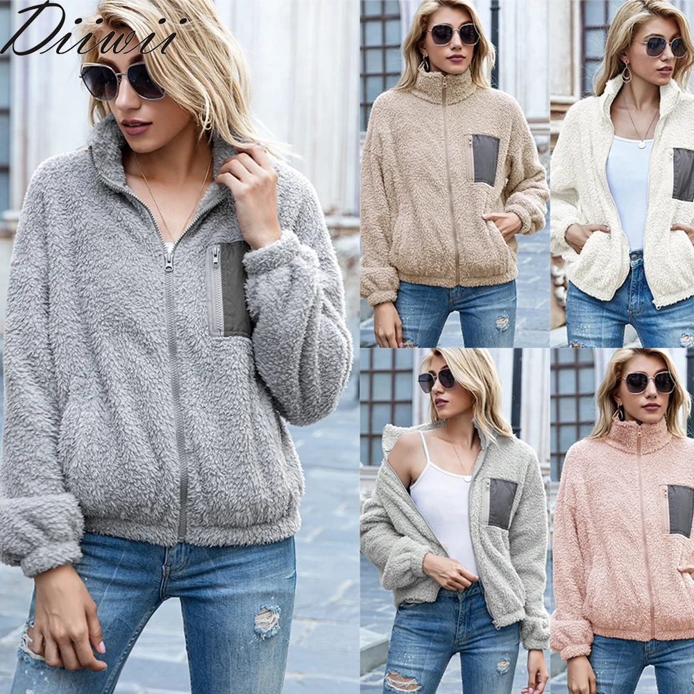 

Diiwii Women Plush CoatNew Autumn Winter Double-Faced Fleece Cropped Tops Color Matching Zipper Cardigan Sweater Jacket