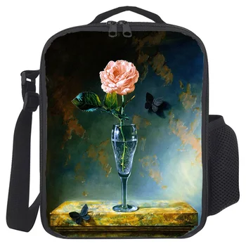 

Portable Lunch Bag For Women Kids Men Flower Pink Green Cup Butterfly Insulated Box Tote Bag Thermal Cooler Food Bag