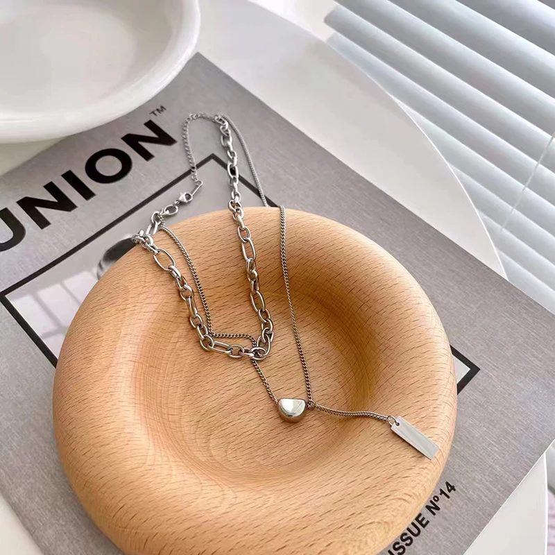 2021 Double Layer Minimalist Necklace For Women Hip Hop Gothic Metal Rectangle Semicircle Pendant Clavicle Chain Choker Gifts