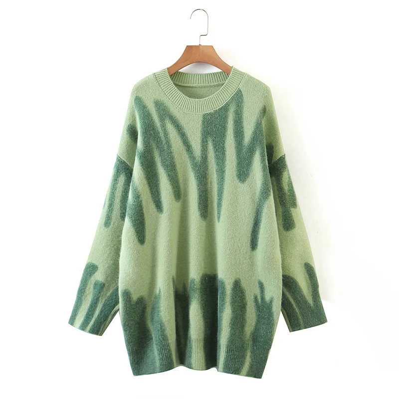 Green Print Knitted Sweater Women Vintage Green Striped Sweater Oversized Pullovers Women Streetwear Loose Long Sweaters Sueter