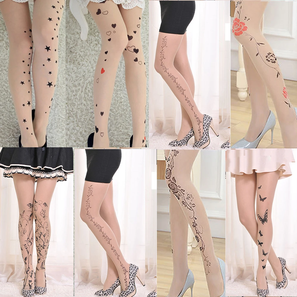 15D Camouflage Tattoo Silk Stockings Summer Transparent Pantyhose Mickey Machine Gun Letter Stars Tights Sexy Thin Girls