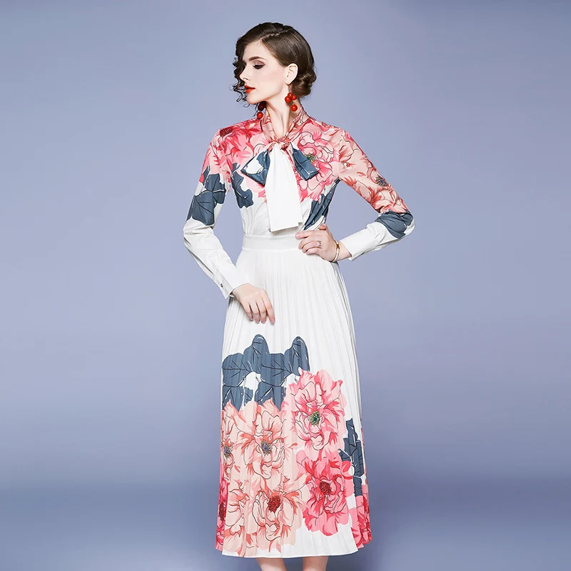 Banulin Fashion Runway Designer Maxi Dresses Women's Long sleeve Bow collar Elegant Rose Floral Printed Pleated Long Dress