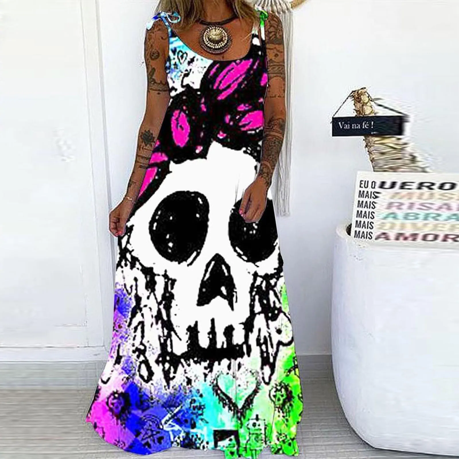 Vintage Loose Long Dress Women Fashion Halloween Skull Print Party Dress Sleeveless O-Neck Pullover Dress for Halloween Vestido 1