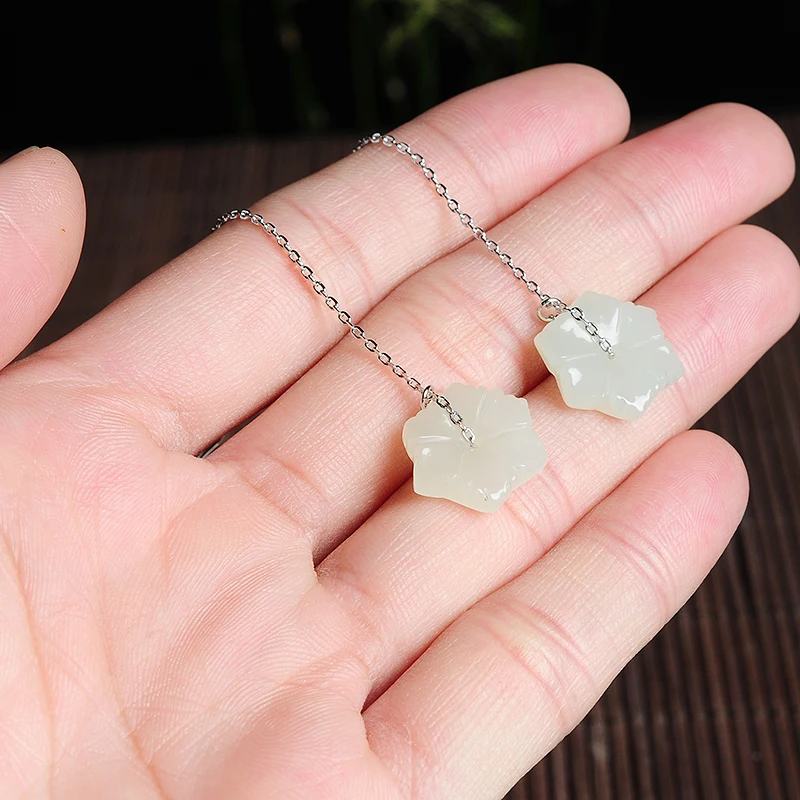 Natural and Hetian Jade pentagonal flower Long earrings earrings 925 silver inlaid authentic white jade petals jade Earrings