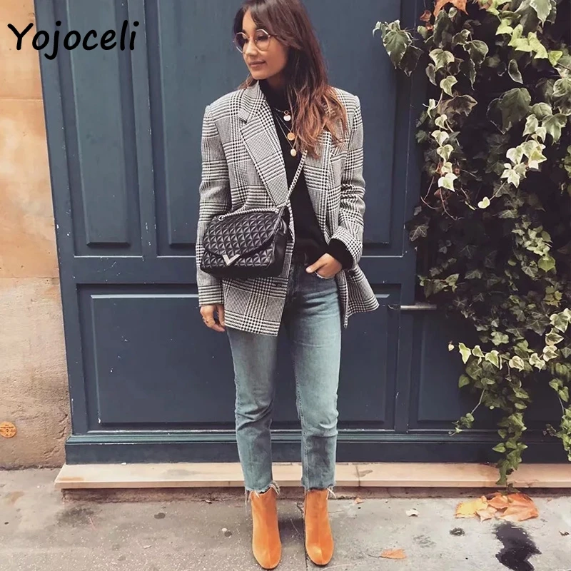 Yojoceli, осенне-зимняя уличная одежда, клетчатый Блейзер, куртка, верхняя одежда, Женская однобортная верхняя одежда, пальто