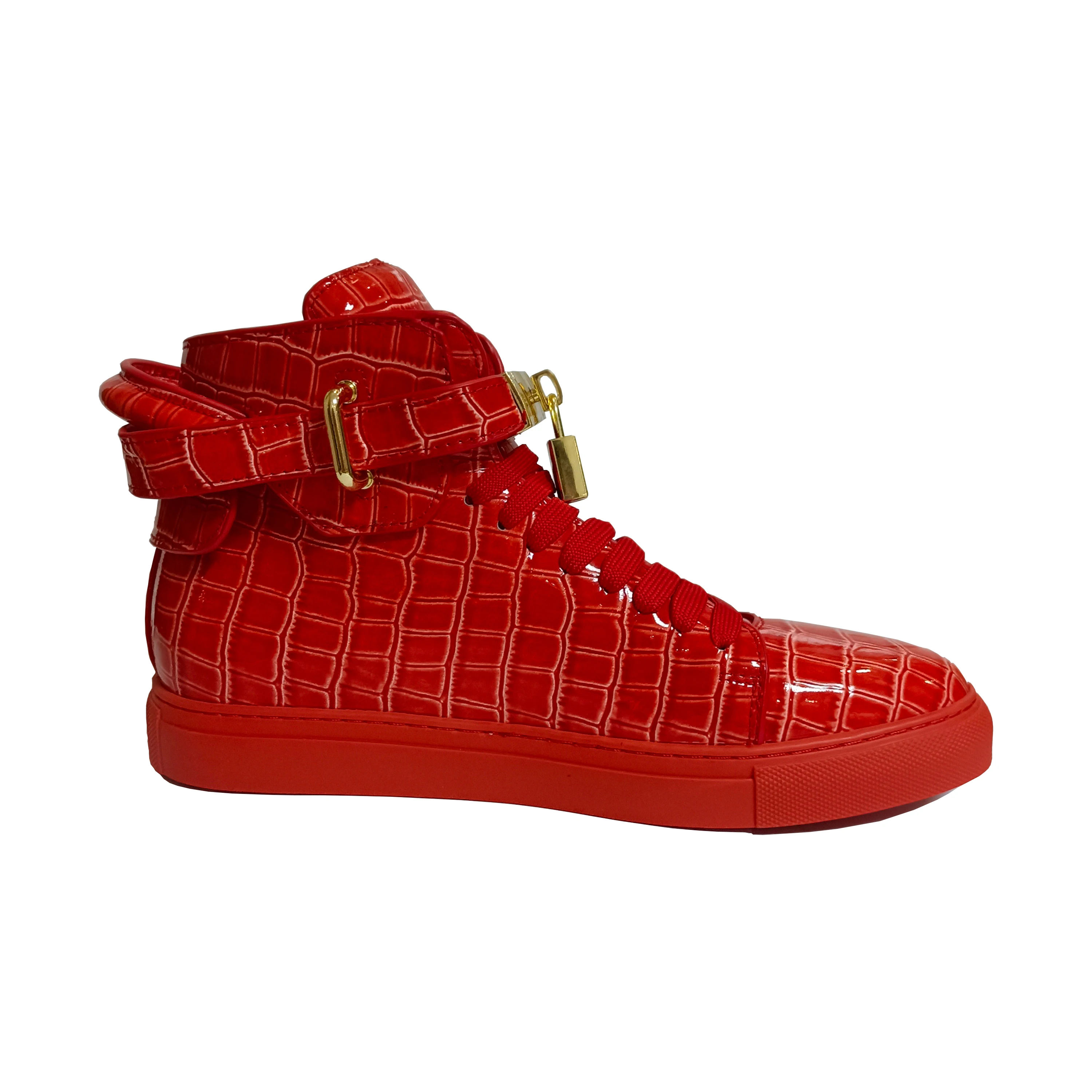 Phenkang Men Alligator Pattern High Top Sneakers Lock Lace Flats Glossy Real Leather Newest Designer Boots Men&lsquo;s Casual Shoes