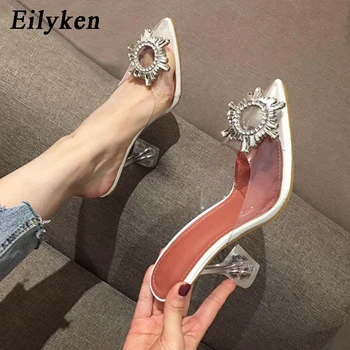 

Eilyken Sexy High Heels Fashion PVC Transparent Pointed Toe Strange Heels Shoes Crystal Rhinestone Sun Buckle Wedding Sandals